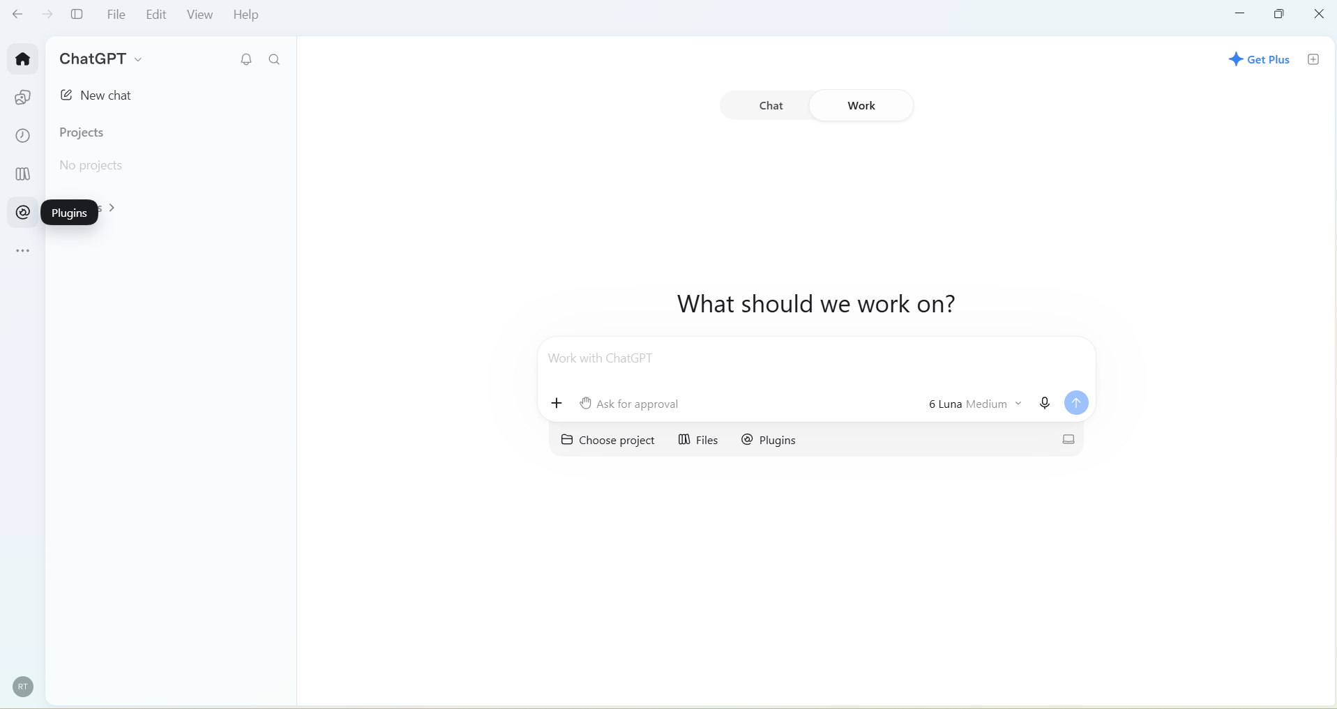 Open Plugins. The Work tab is selected, with the Plugins icon in the left sidebar.
