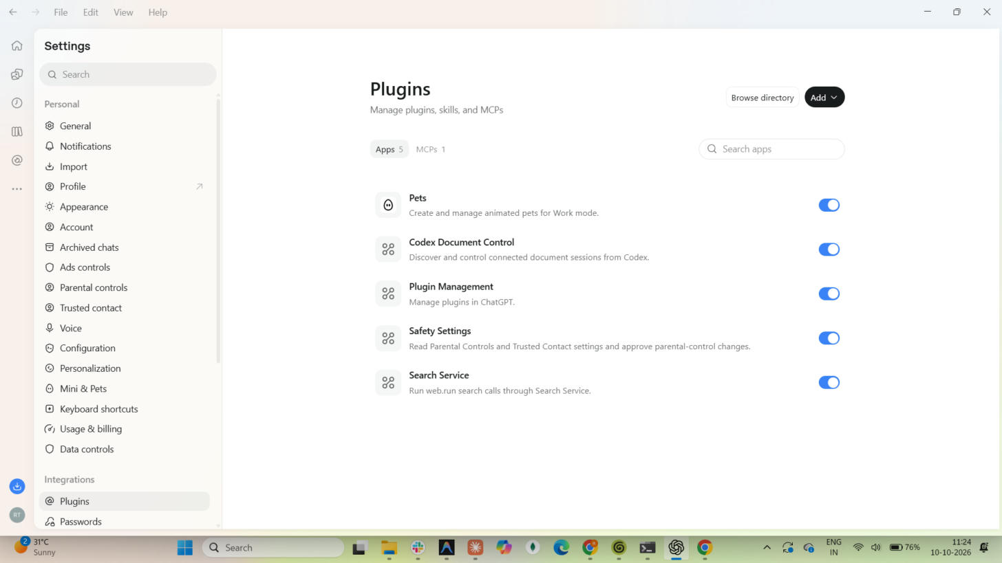 ChatGPT desktop Settings open on the Plugins tab, with Add at the top right