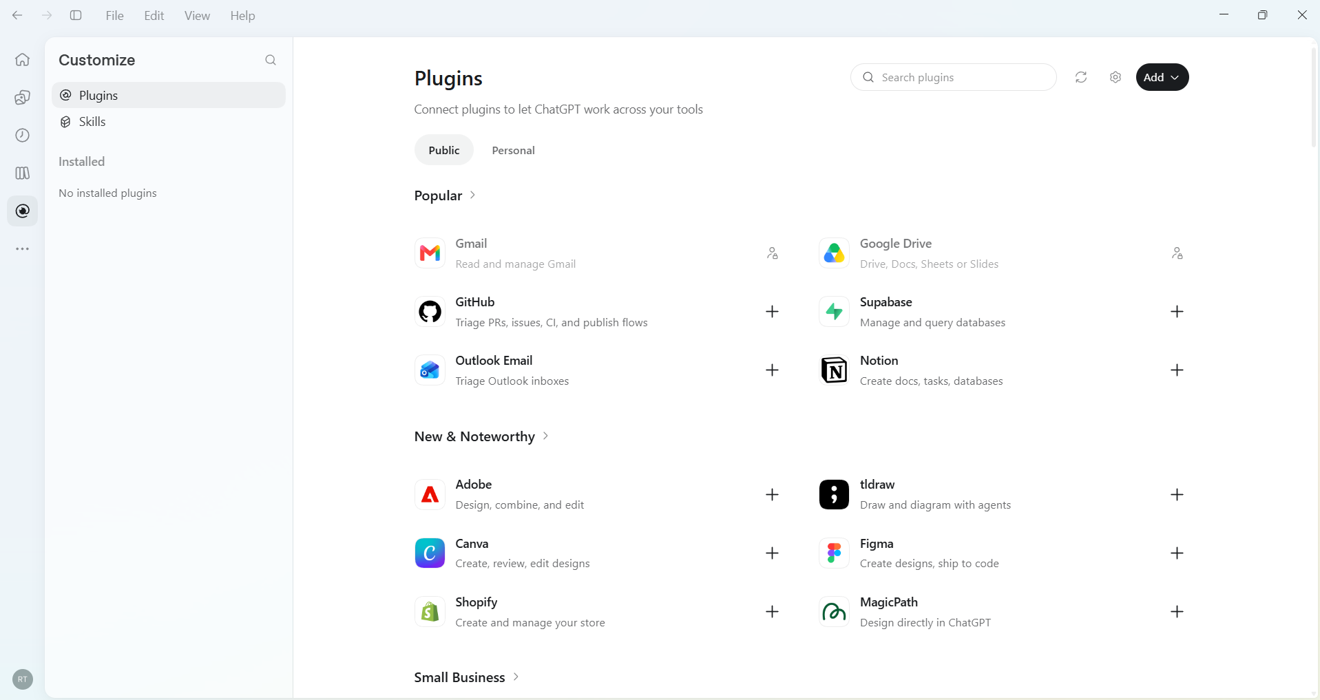 Click Add. The Plugins page, with the Add button at the top right.