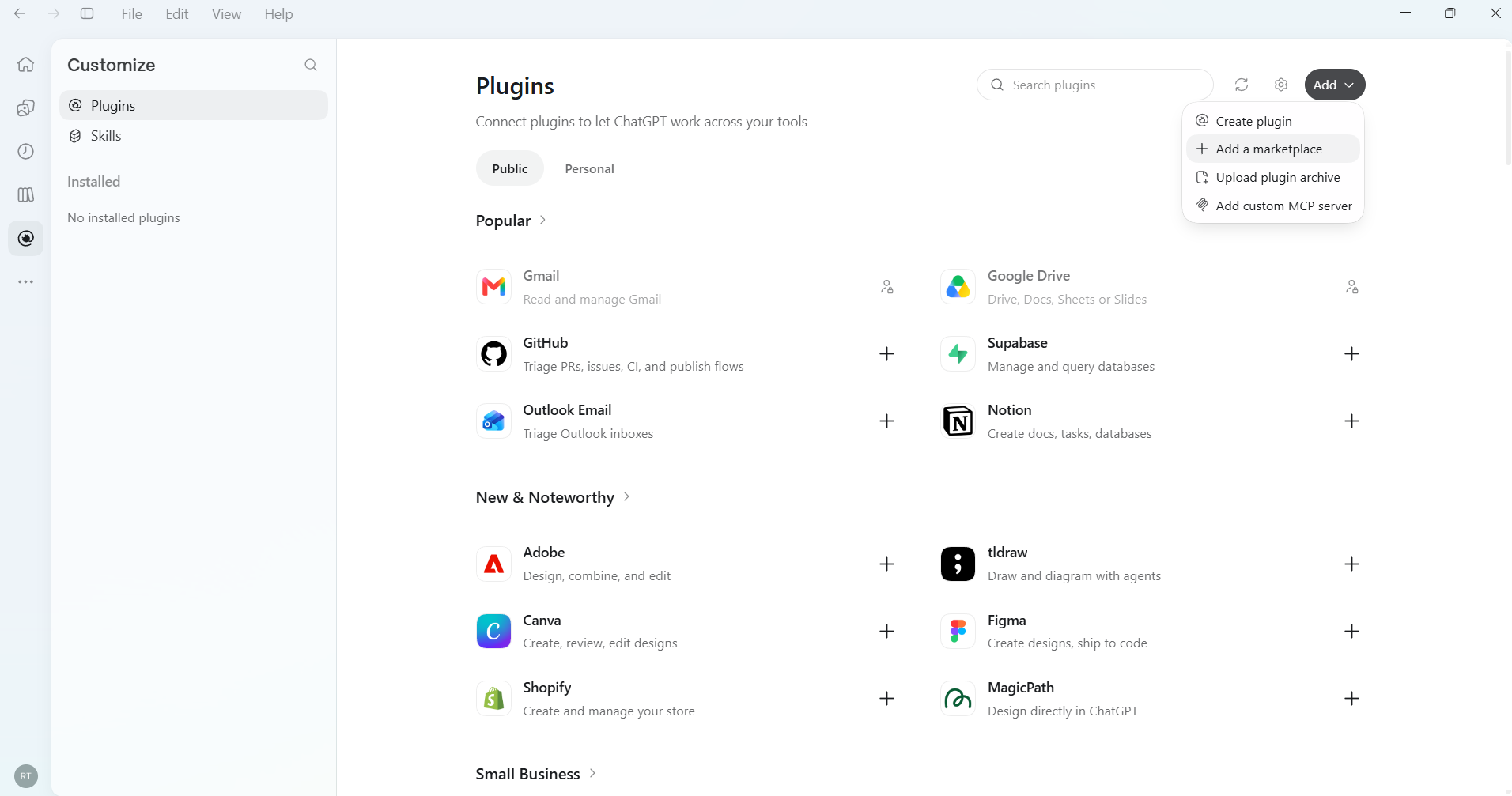 Click Add a marketplace. The Add menu is open.