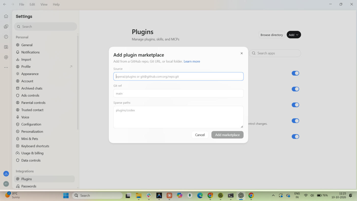 Add plugin marketplace dialog with Source, Git ref, and Sparse paths