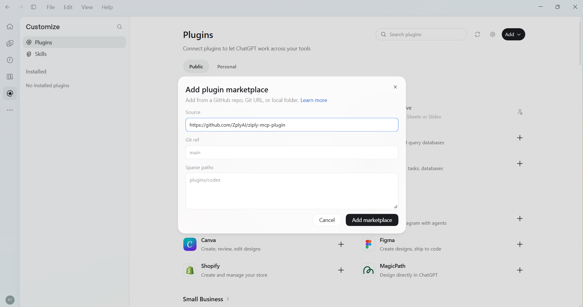 Paste the repository link. The Add plugin marketplace dialog, with the repository link in Source.