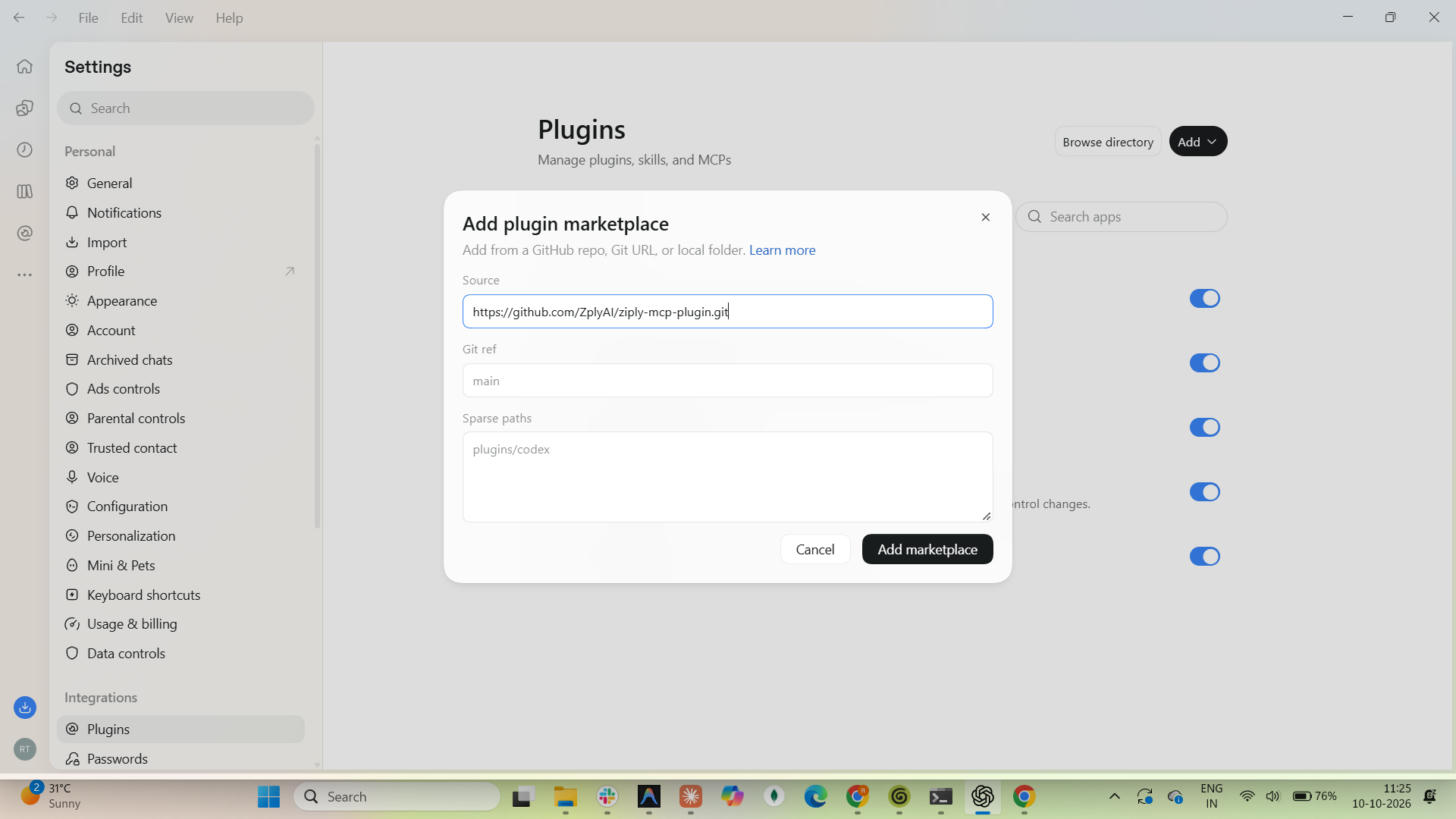 Marketplace source filled with the Ziply plugin GitHub repository URL