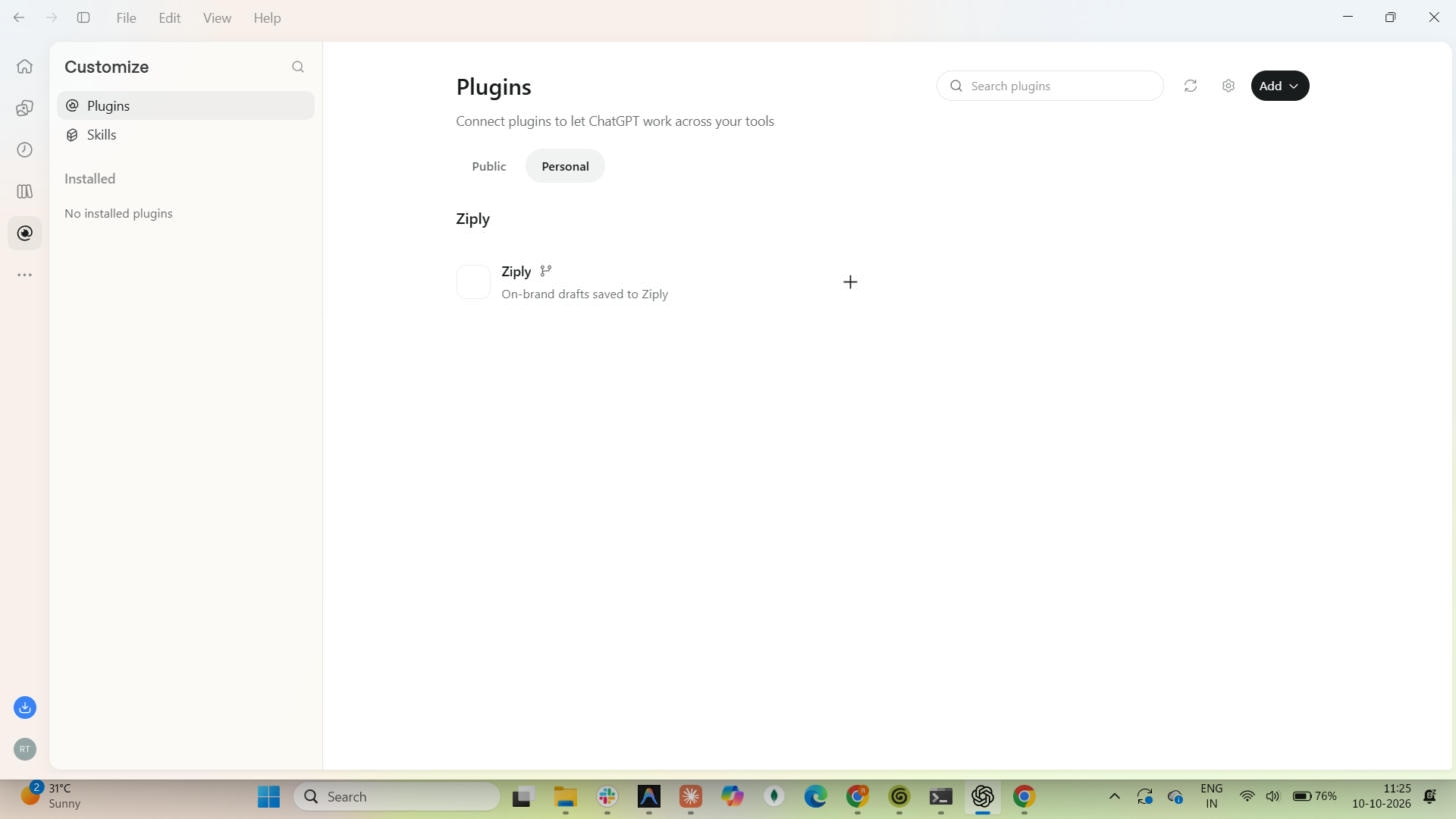 Install the Ziply plugin. Personal tab with the Ziply plugin under the Ziply heading.