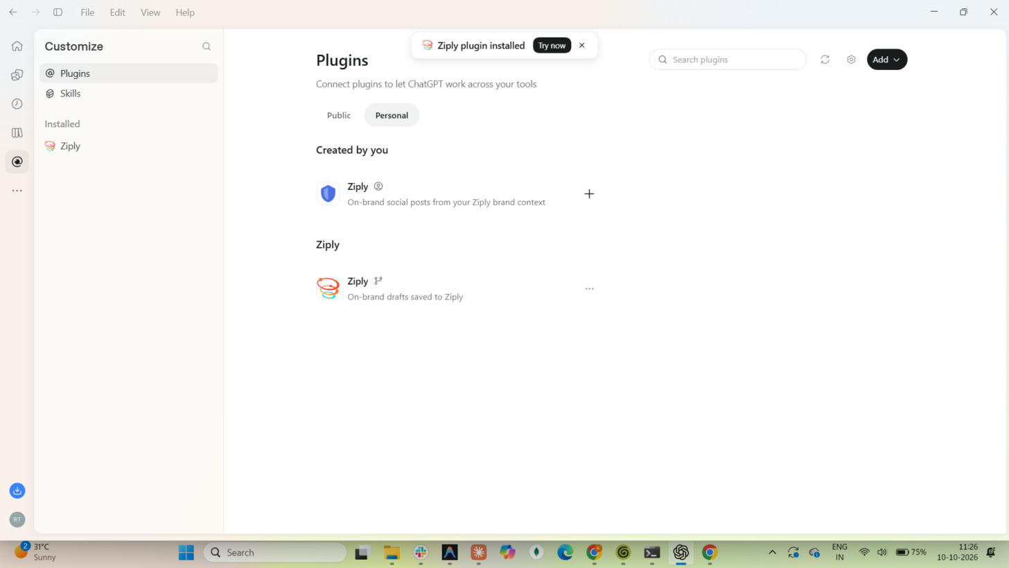 Ziply plugin installed and listed under Installed in the sidebar