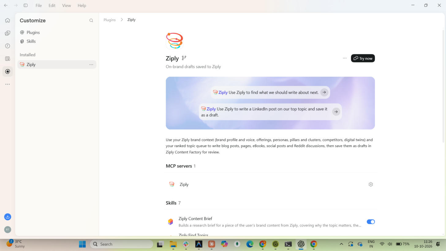 Ziply plugin overview with one MCP server named ziply and 7 skills