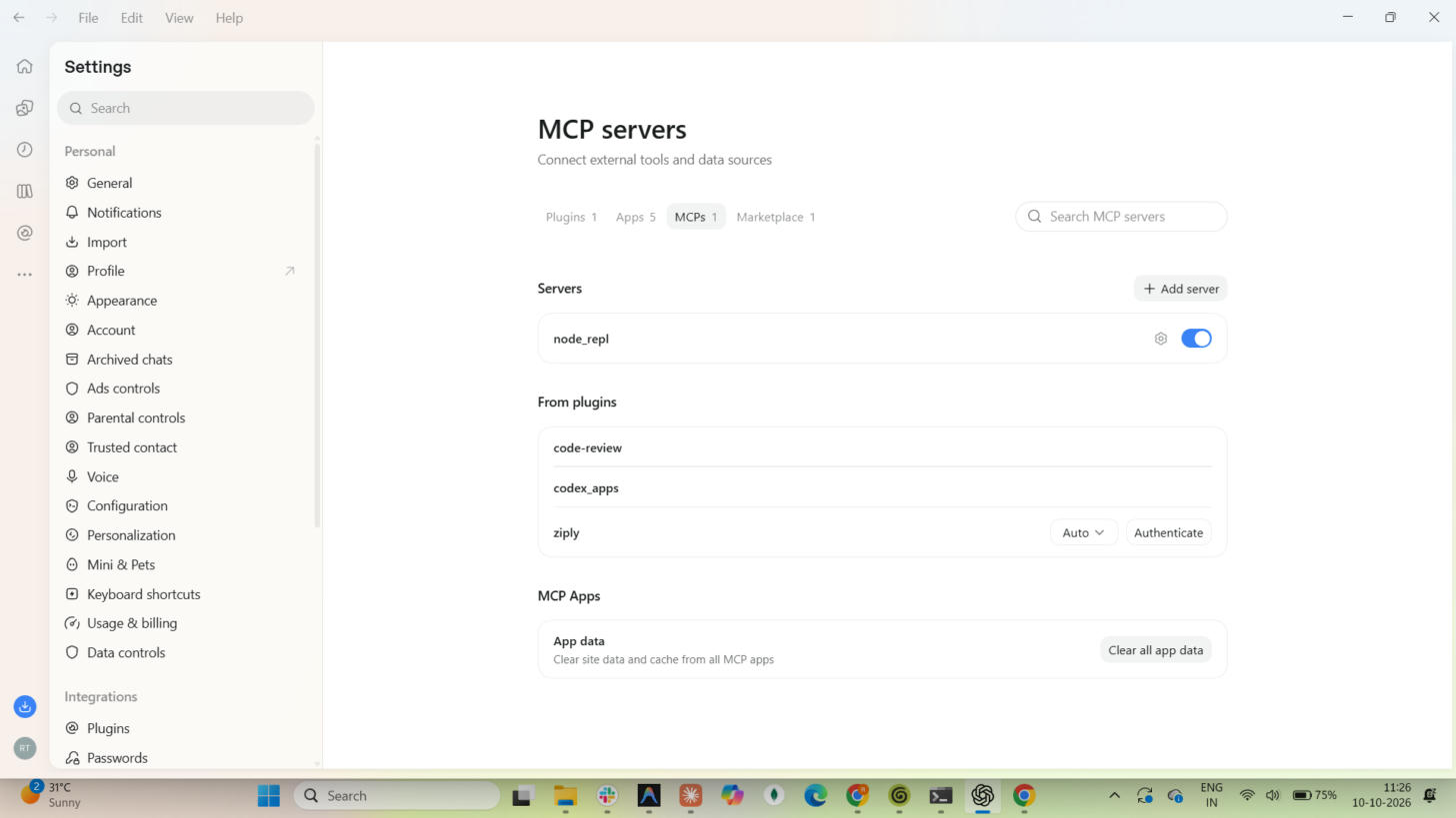 MCP servers settings with Authenticate on the ziply server from plugins