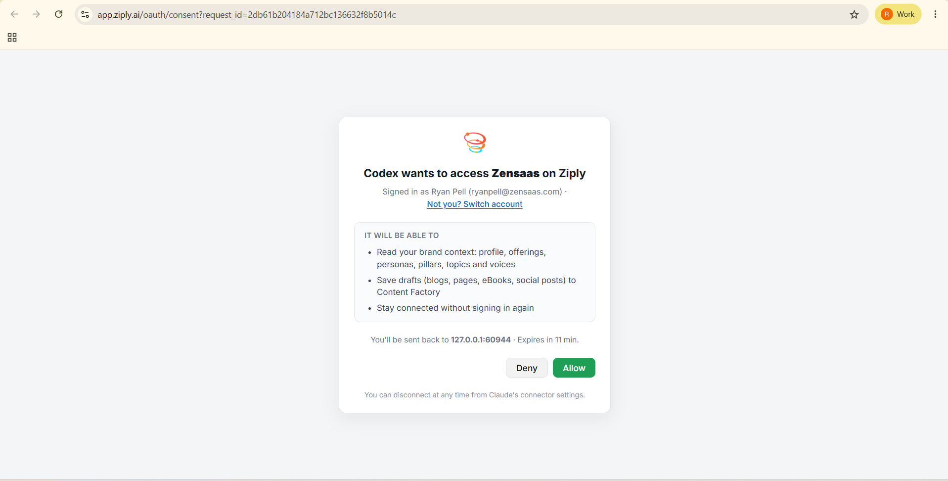 Ziply consent screen asking to allow Codex to access the workspace