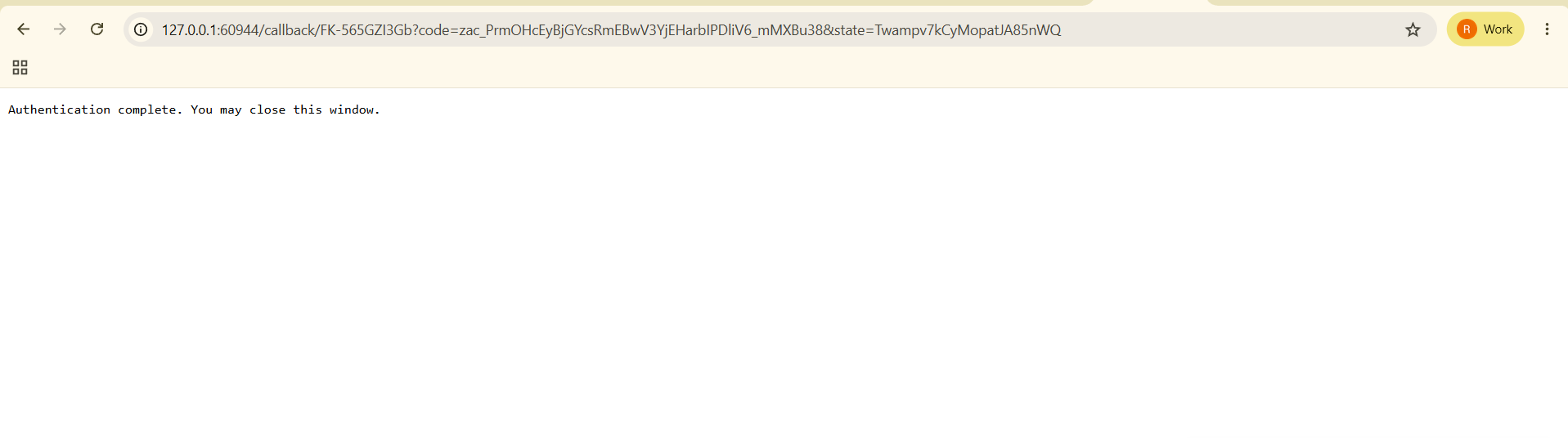 Browser page saying authentication is complete and the window can be closed