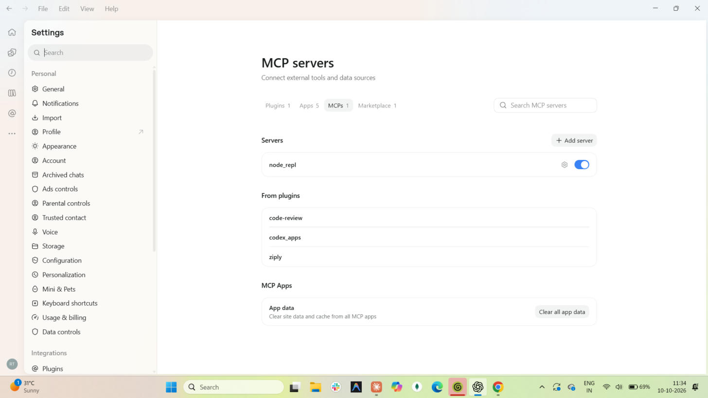 MCP servers list with the ziply server connected and no Authenticate button