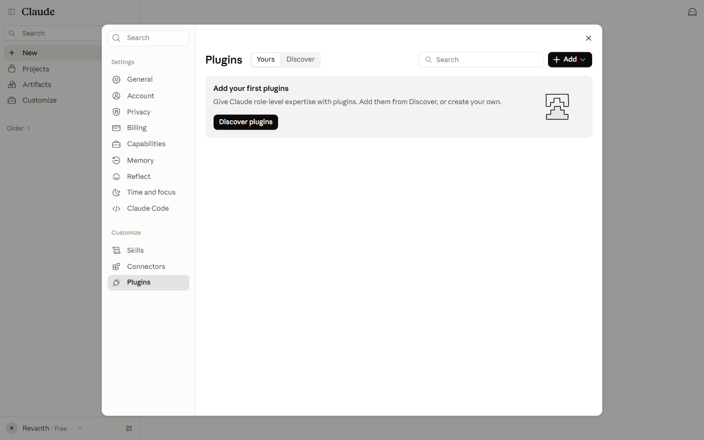 Plugins page with Add at the top right