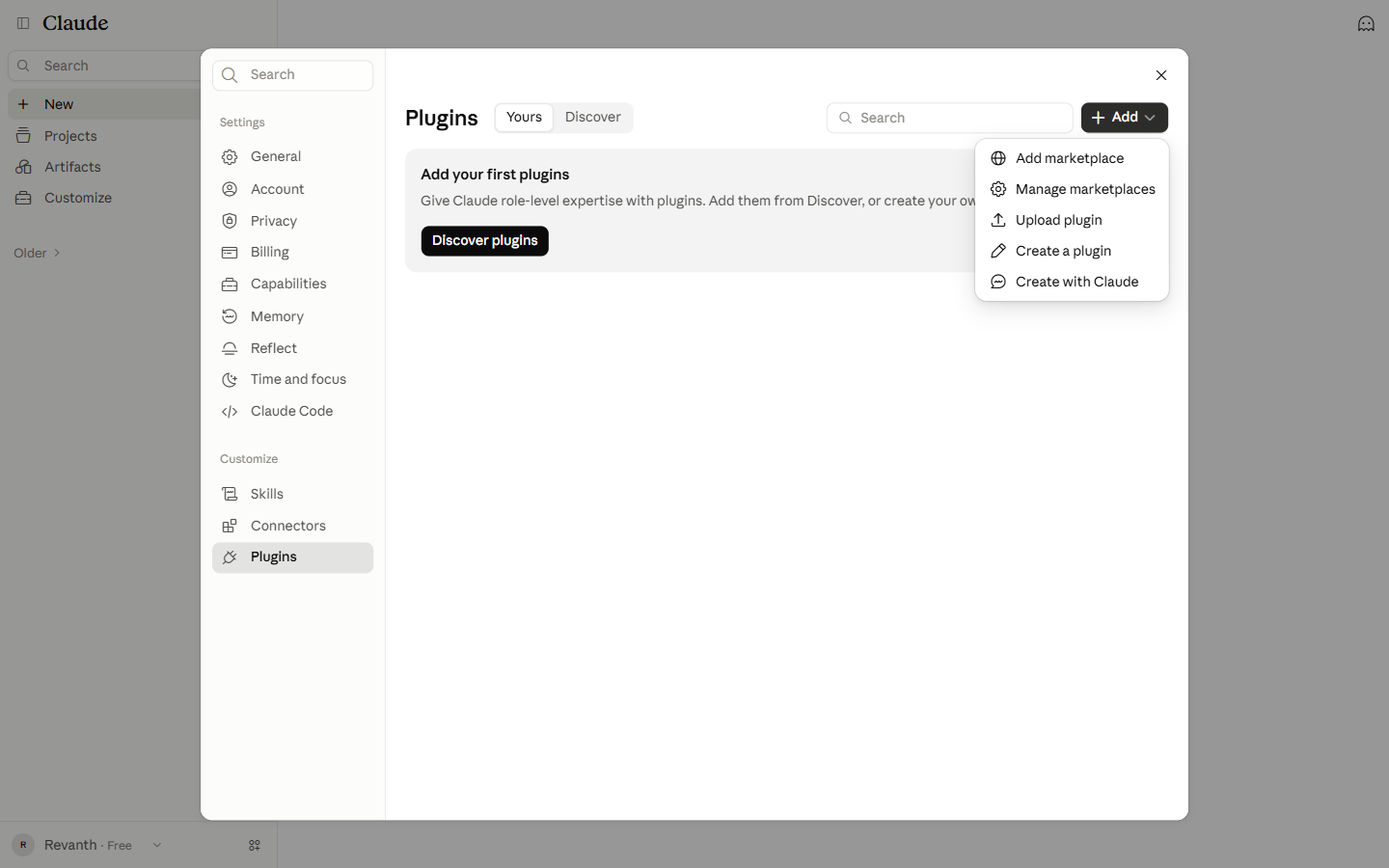 Click Add marketplace. Add menu open on the Plugins page.