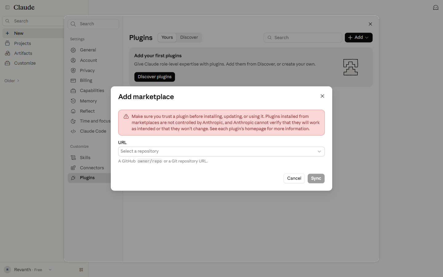 Repository URL field with the warning about third-party plugins