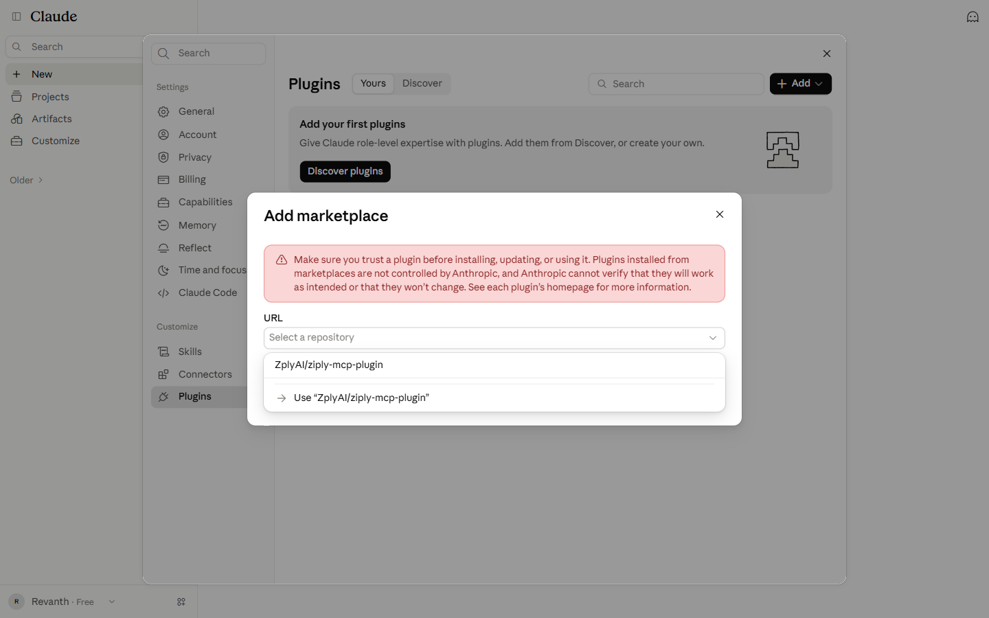Repository field with ZplyAI/ziply-mcp-plugin typed and a suggestion showing