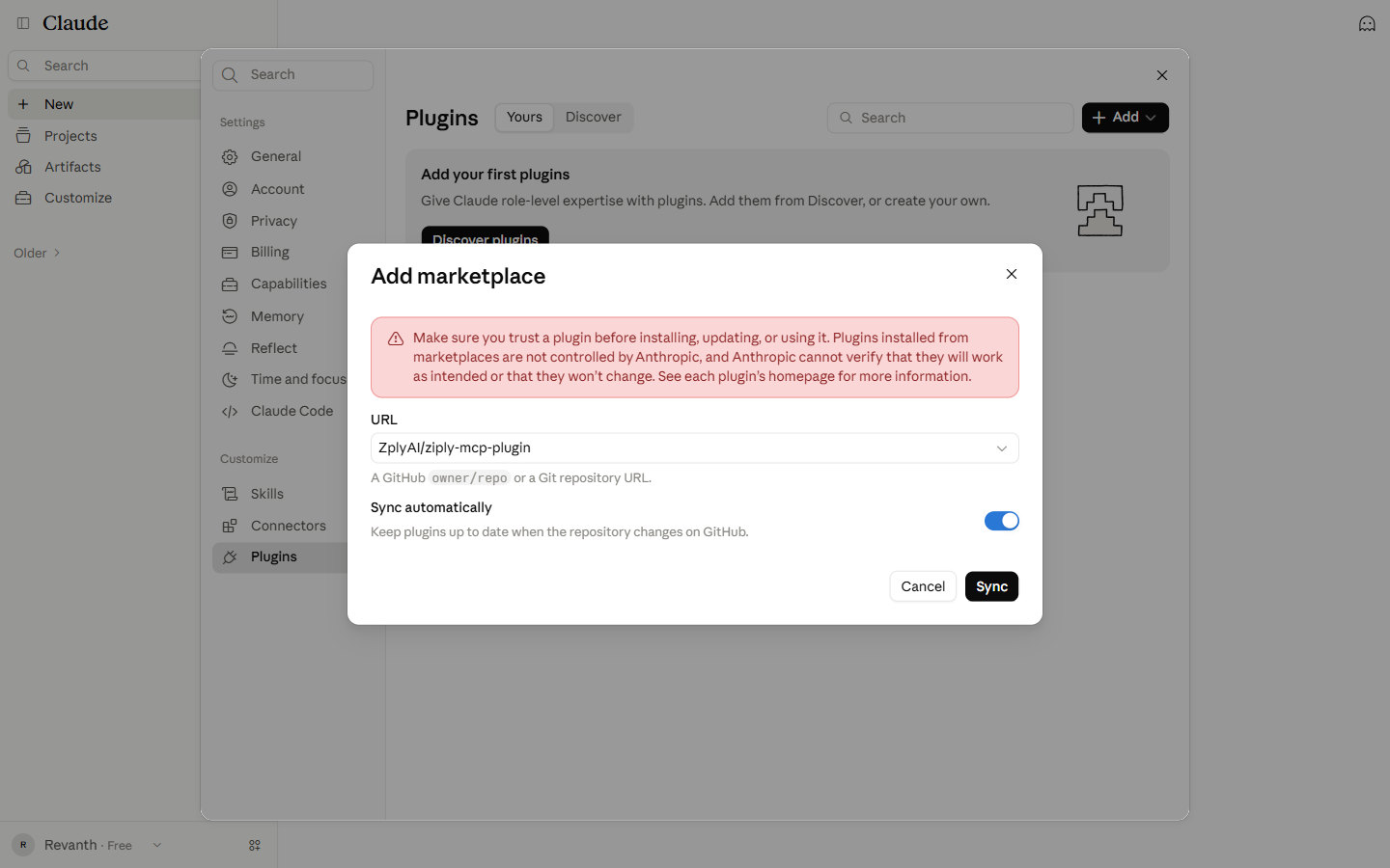 Selected repository ZplyAI/ziply-mcp-plugin with Sync automatically switched on