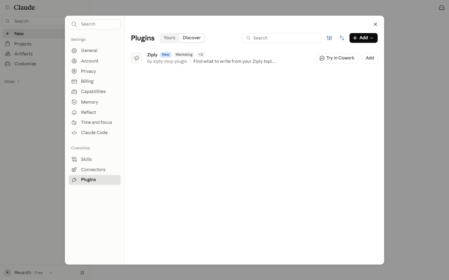 Discover tab listing the Ziply plugin with an Add button
