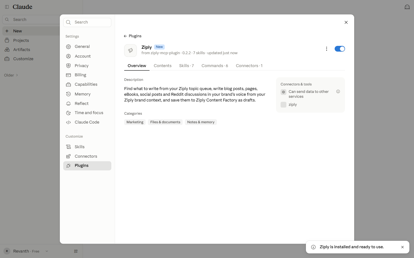 Ziply plugin page with a toast that it is installed and ready to use