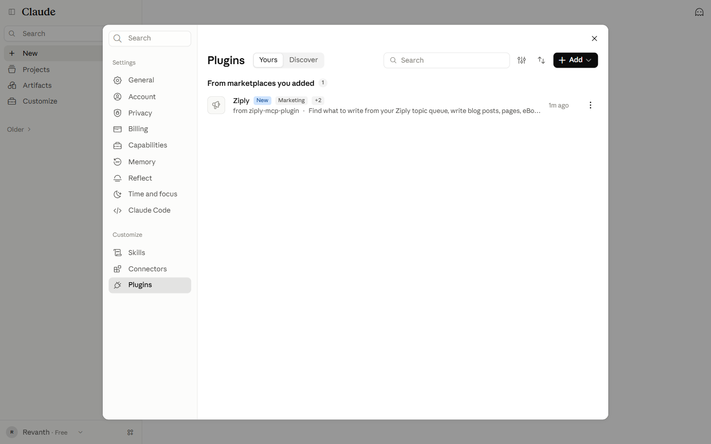 Click the Yours tab. Yours tab with Ziply under From marketplaces you added.