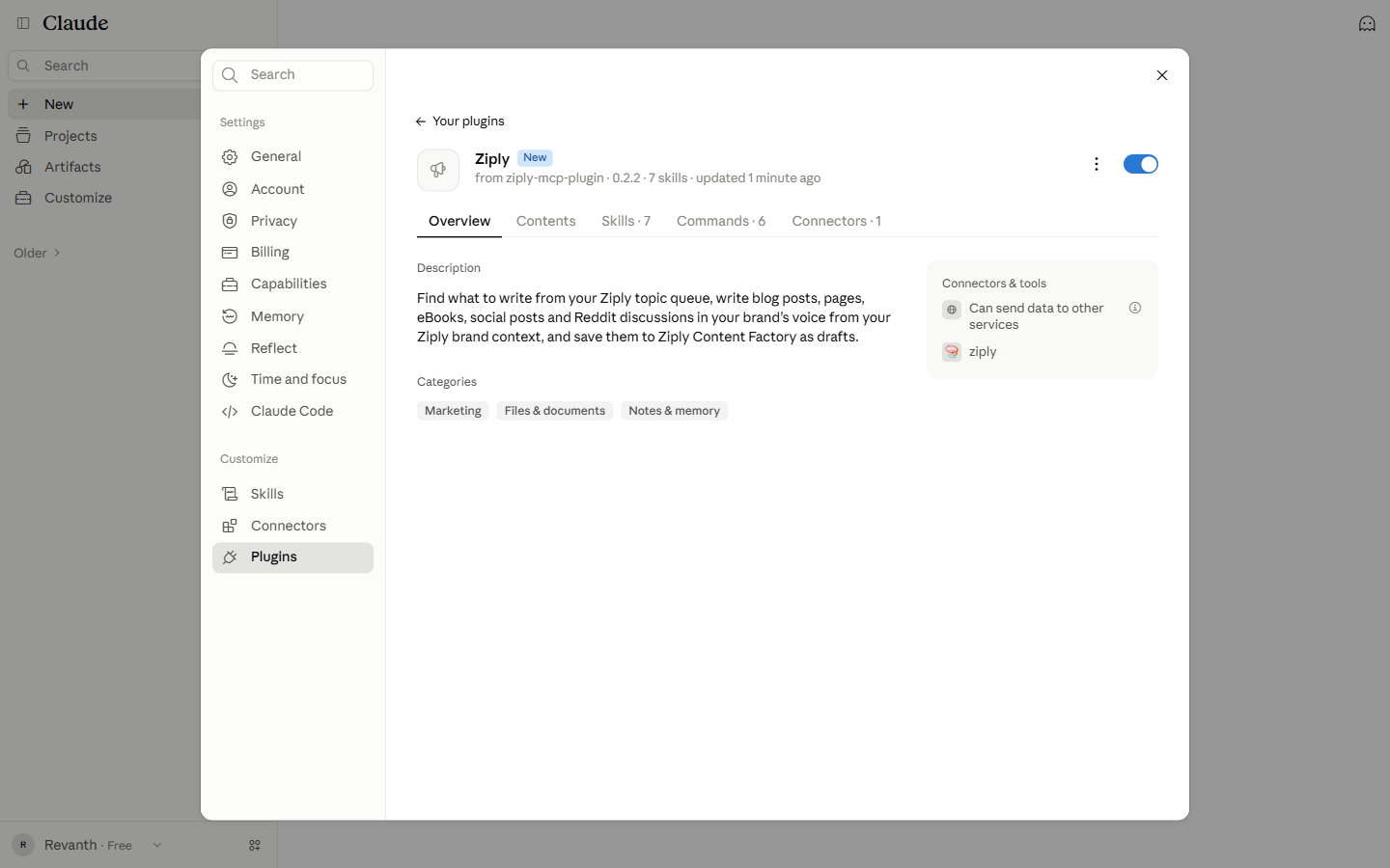Ziply plugin overview showing the ziply connector