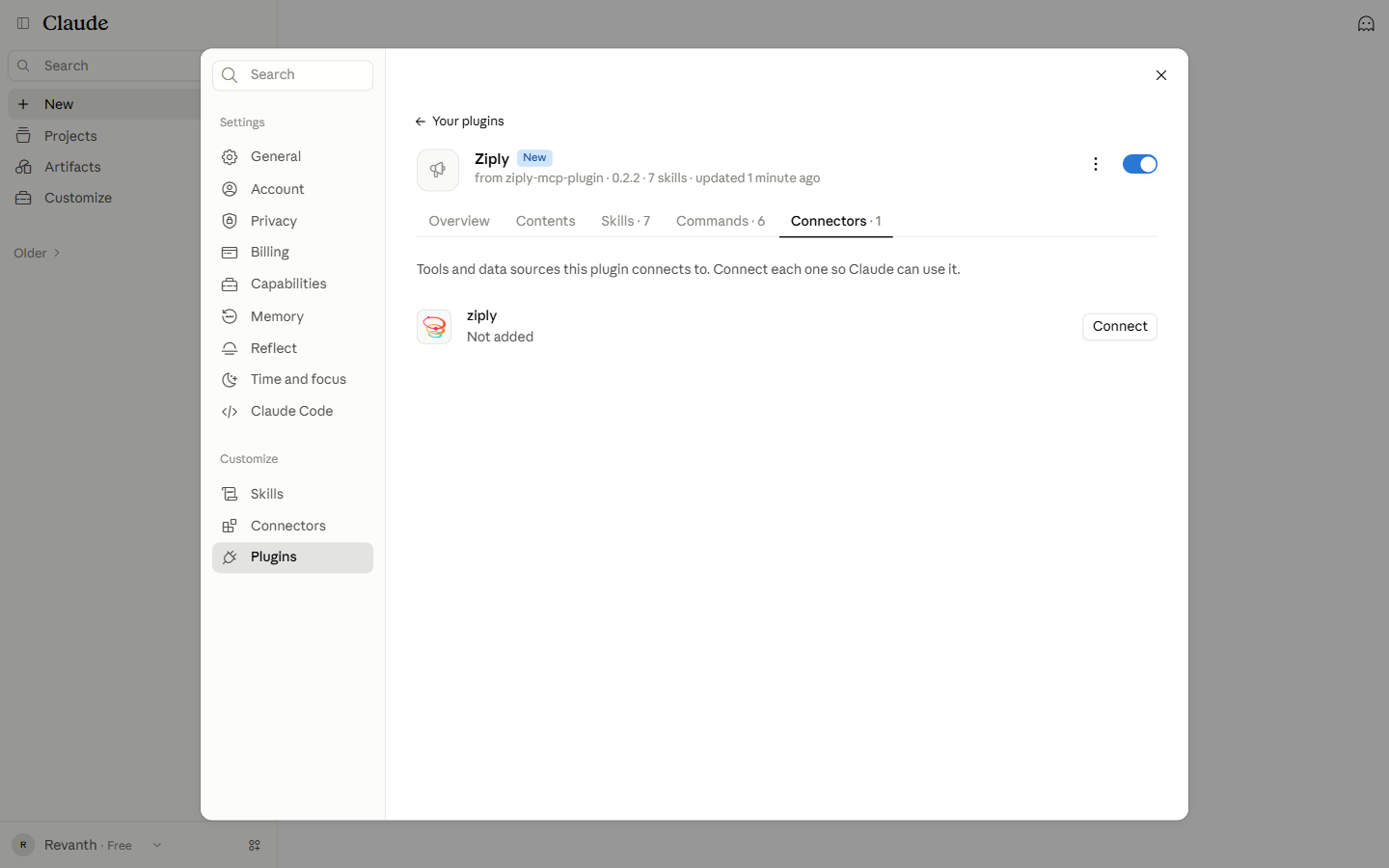 Click Connect. Connectors tab with the Connect button.