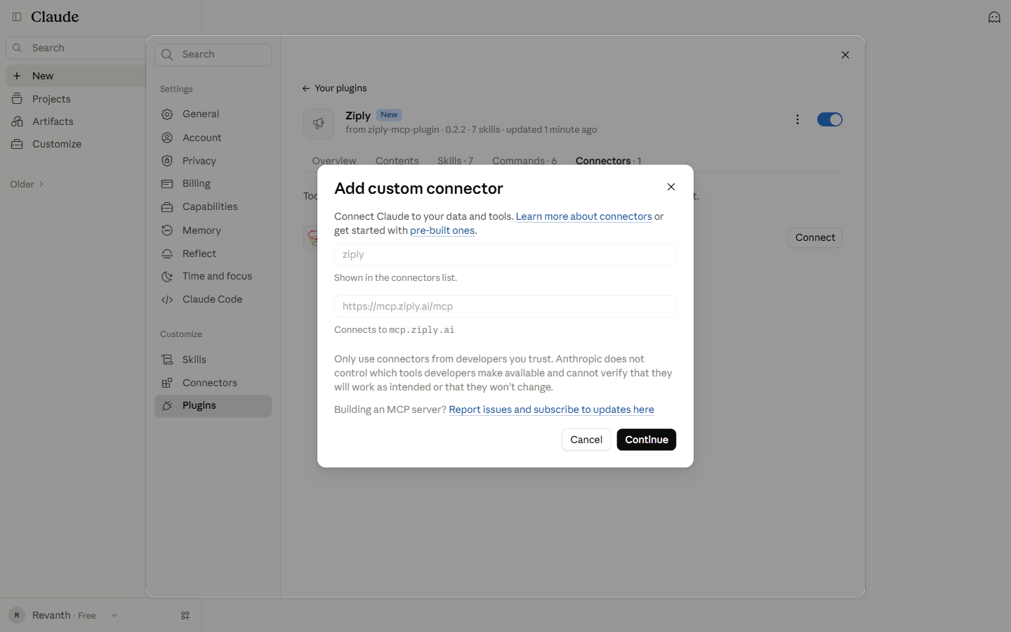 Add custom connector dialog with the name ziply and the Ziply MCP server URL
