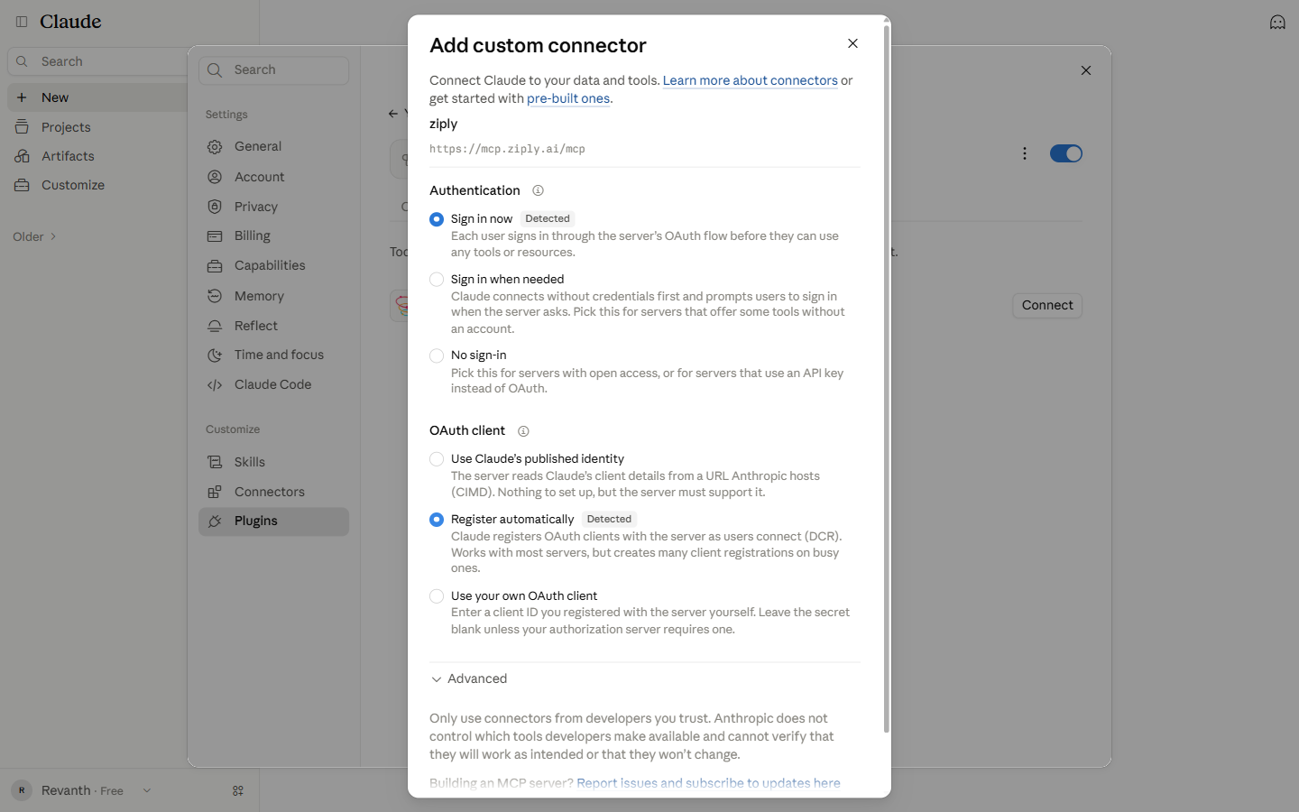 Connector authentication options set to Sign in now and Register automatically