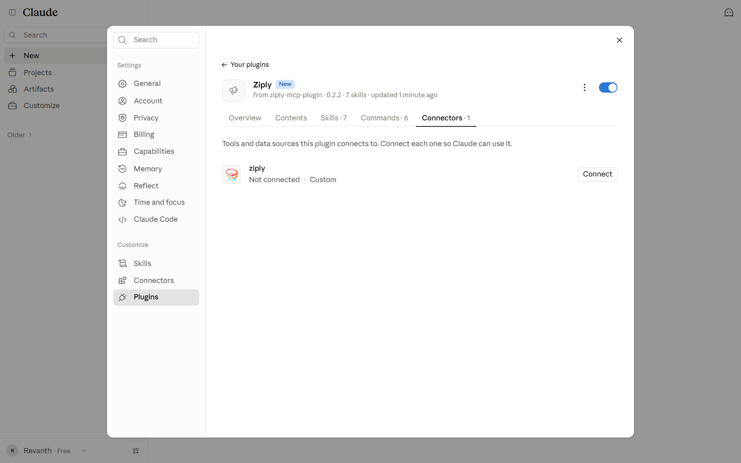 ziply connector showing Not connected, Custom, with Connect