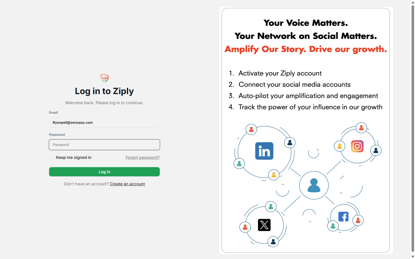 Ziply login form with an email address entered