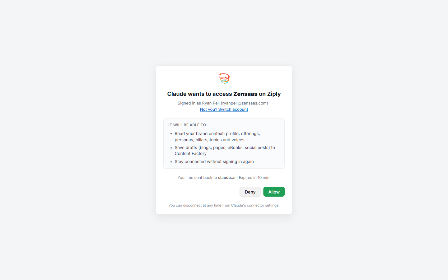 Ziply consent screen asking to allow Claude to access the workspace