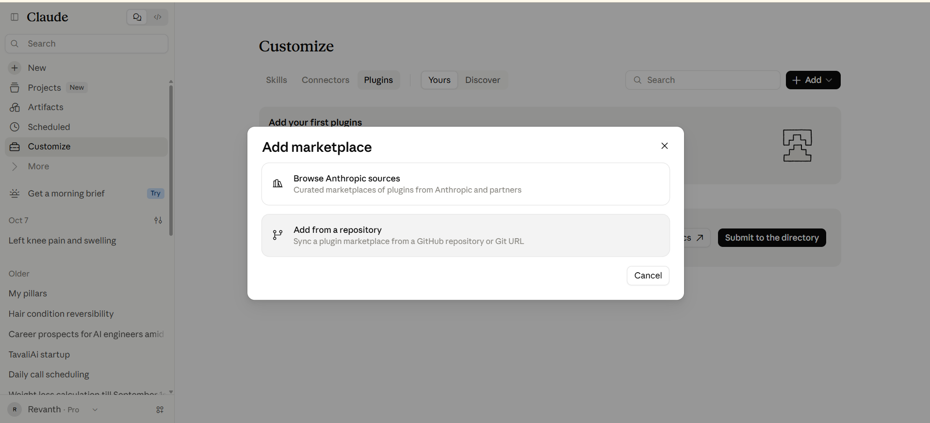 Add marketplace choice between a repository and Anthropic sources