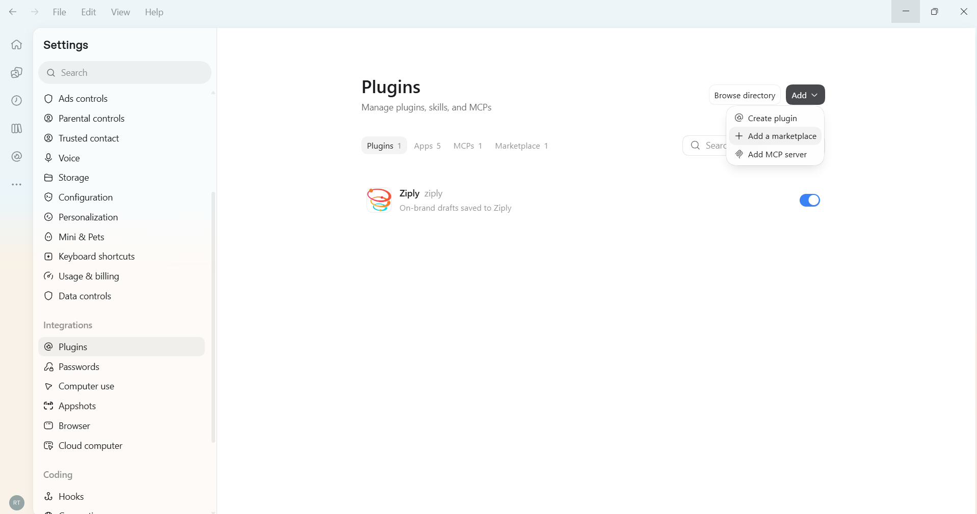 Add menu with Add a marketplace, Create plugin, and Add MCP server