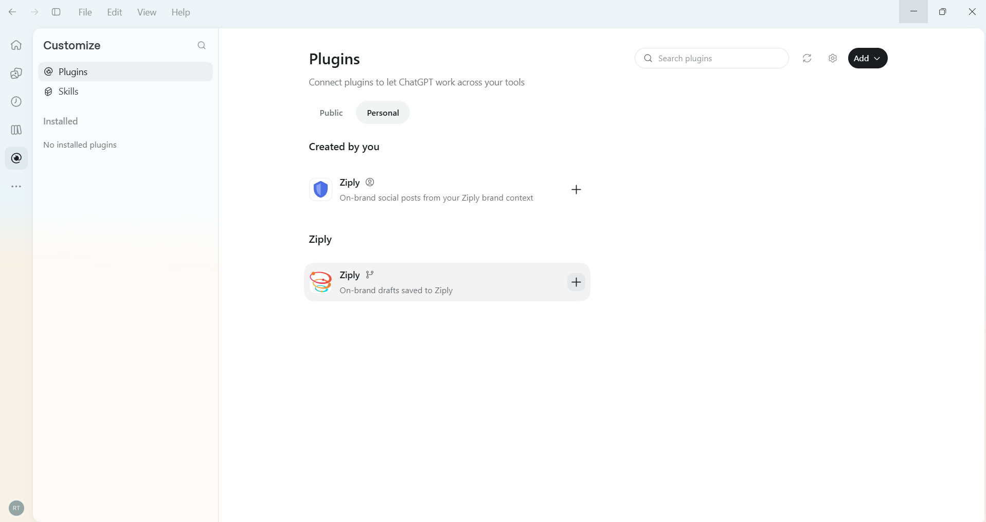 Personal tab listing the Ziply plugin under the Ziply marketplace heading