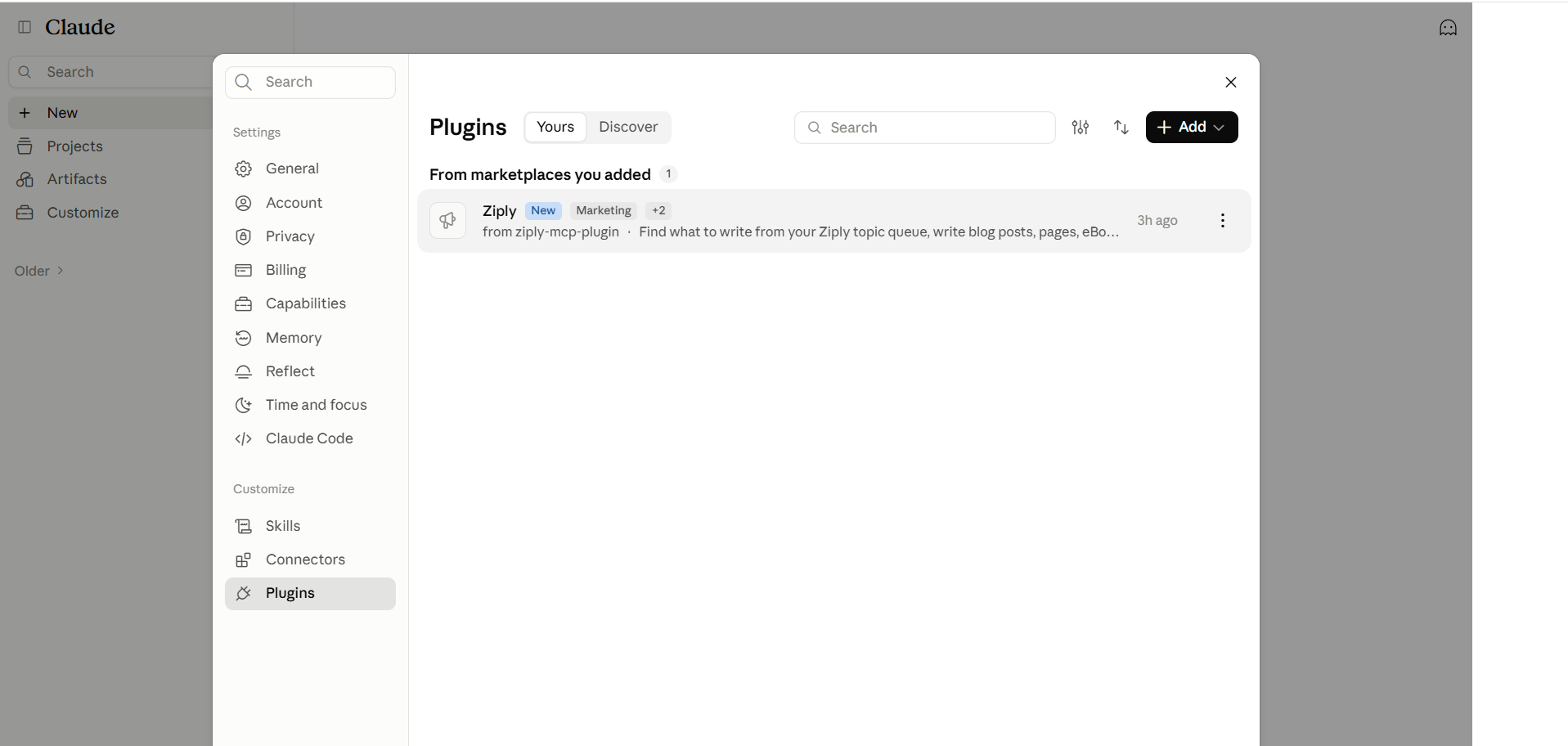 Yours tab listing Ziply under marketplaces you added